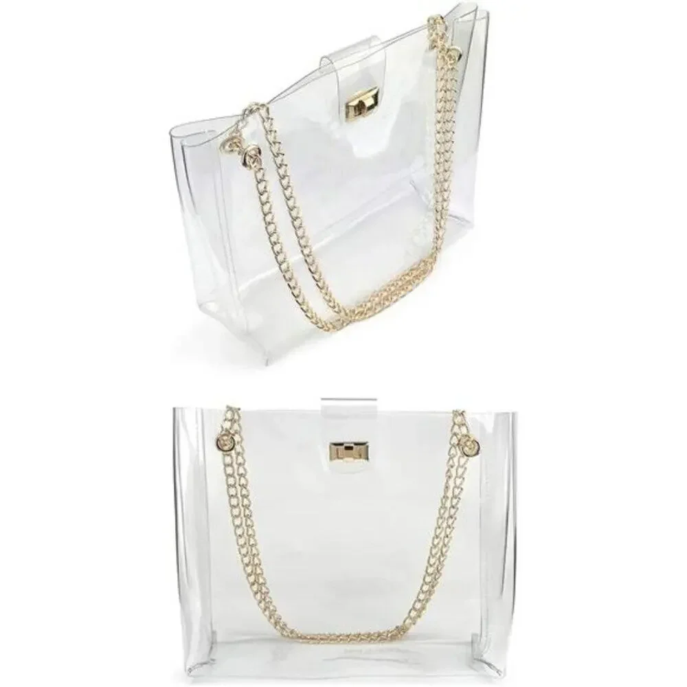 Multifuntional Chain Tote Bag Medium Transparent Shoulder Handbag with Turn-Lock